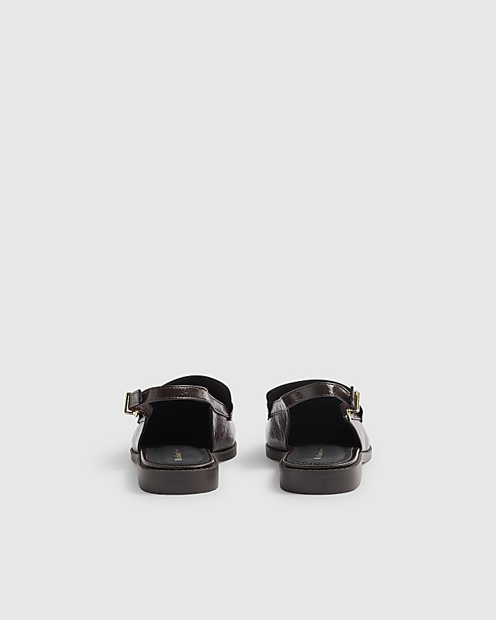 Brown Faux Leather Slingback Loafers