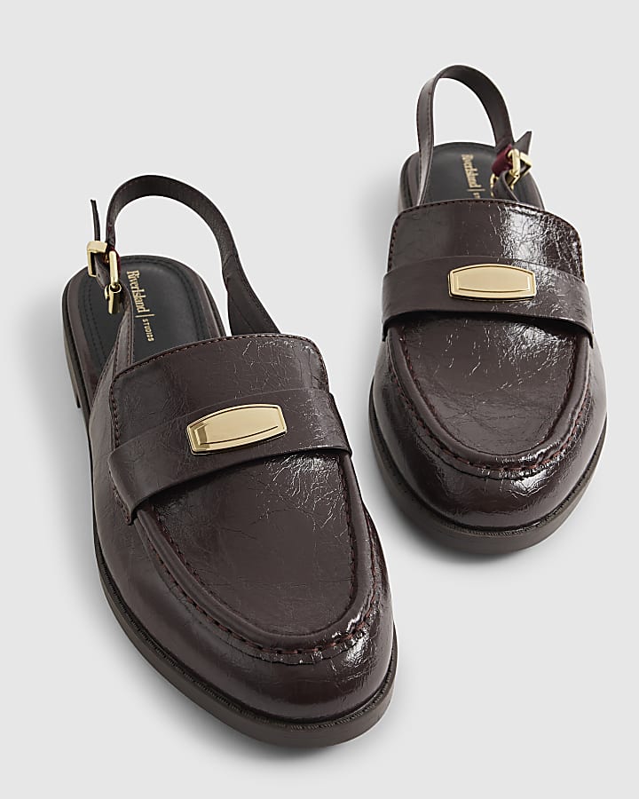 Brown Faux Leather Slingback Loafers