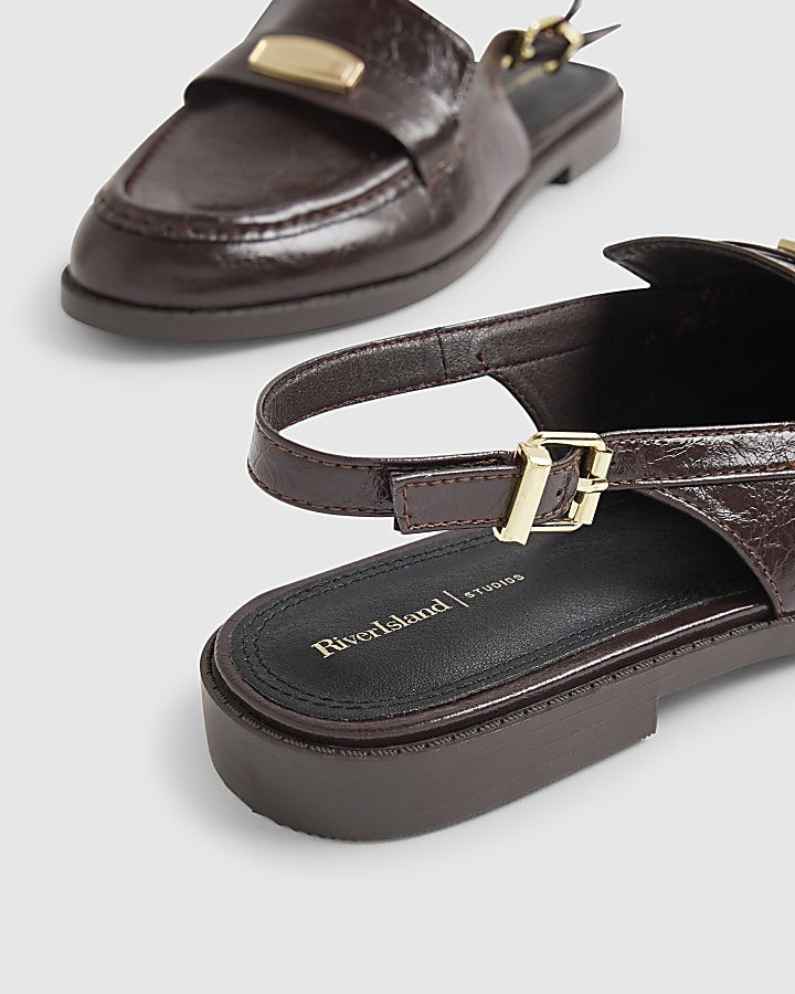 Brown Faux Leather Slingback Loafers