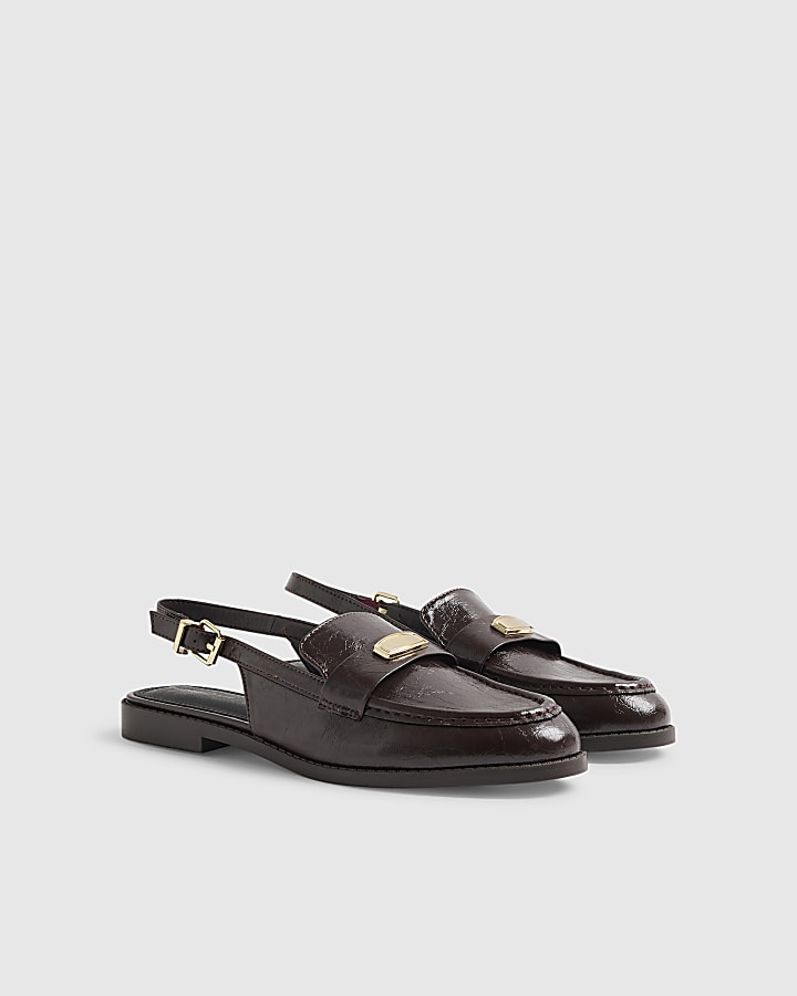 Brown Faux Leather Slingback Loafers