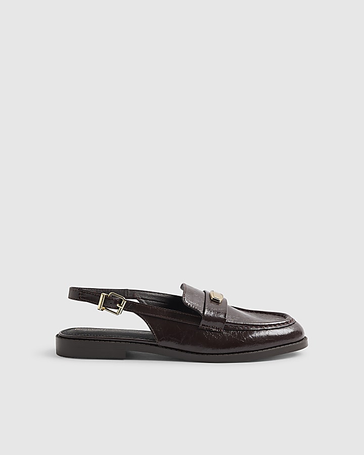 Brown Faux Leather Slingback Loafers