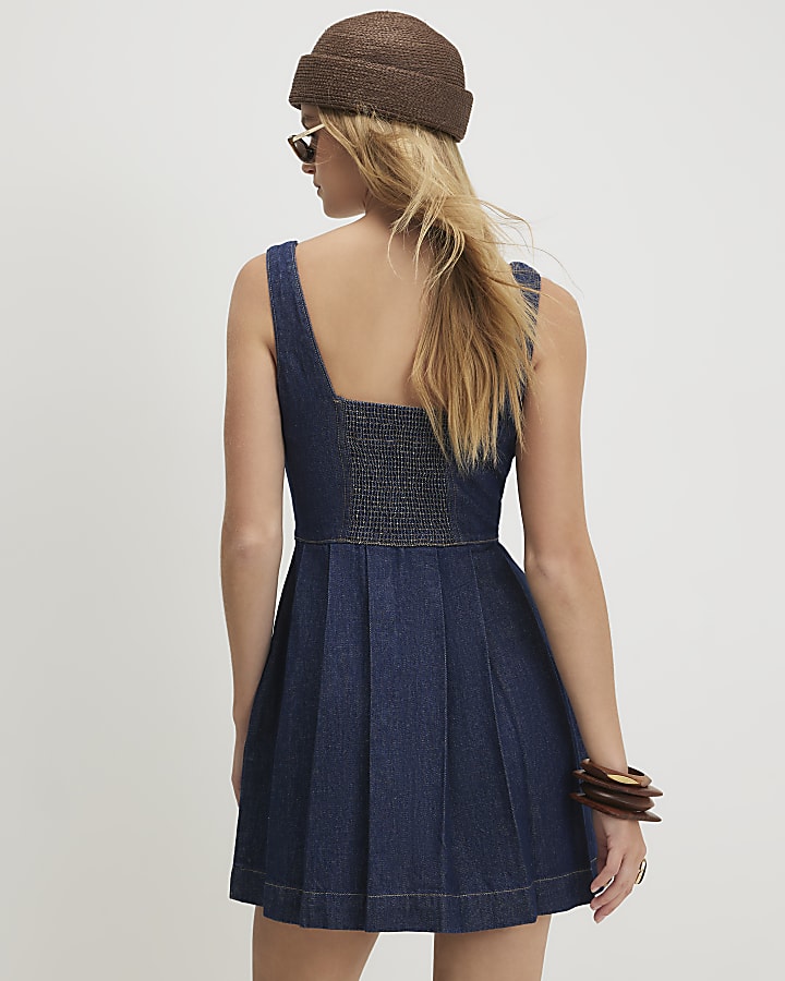 Blue Denim Sleeveless Seamed Mini Dress