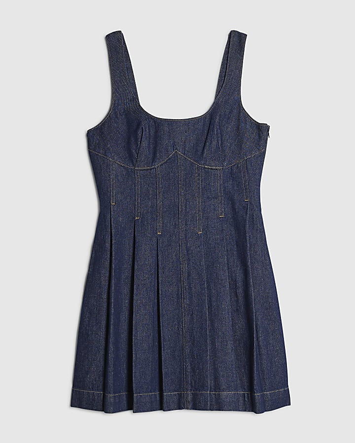 Blue Denim Sleeveless Seamed Mini Dress