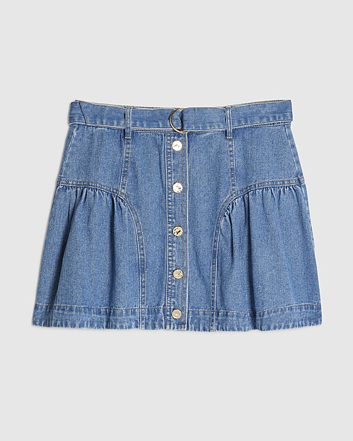 Blue Button Belted Denim Mini Skirt