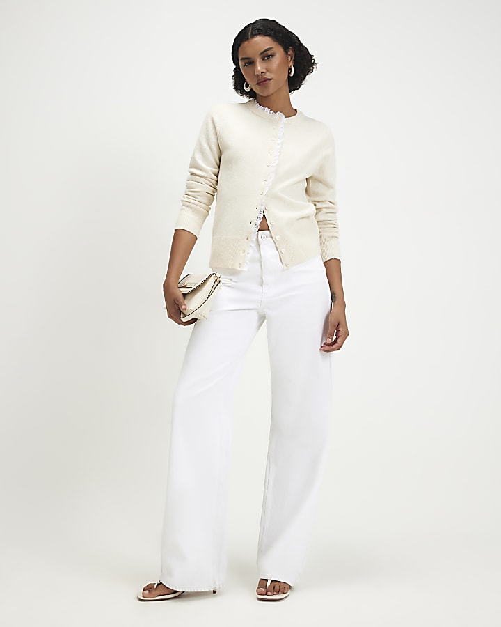 Cream Frill Trim Button Up Cardigan