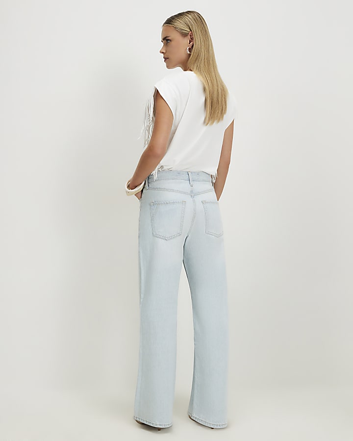 Petite Blue Rip High Waist Straight Leg Jeans