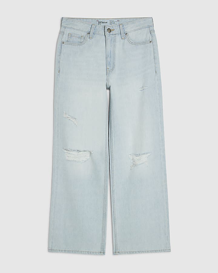 Petite Blue Rip High Waist Straight Leg Jeans