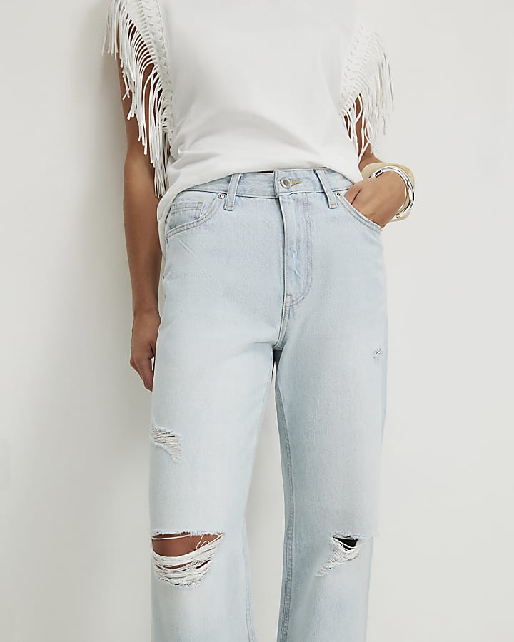 Petite Blue Rip High Waist Straight Leg Jeans