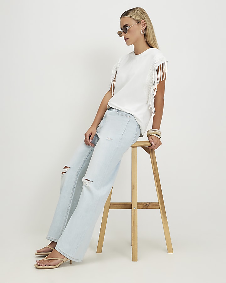 Petite Blue Rip High Waist Straight Leg Jeans