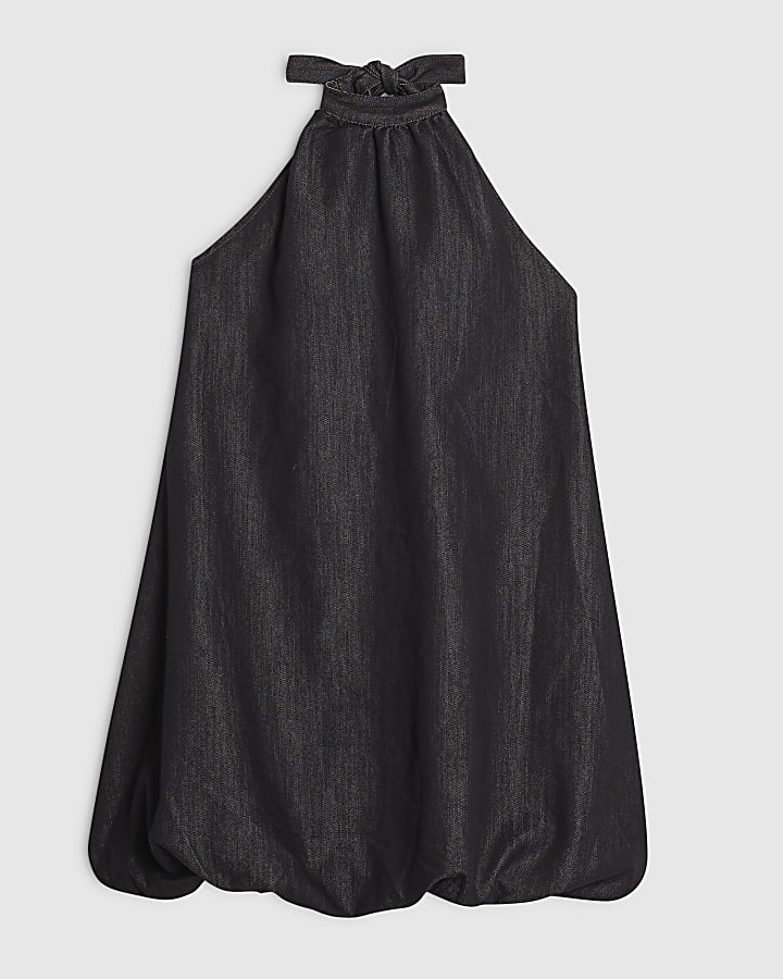 Blue Denim Tie Neck Bubble Hem Mini Dress