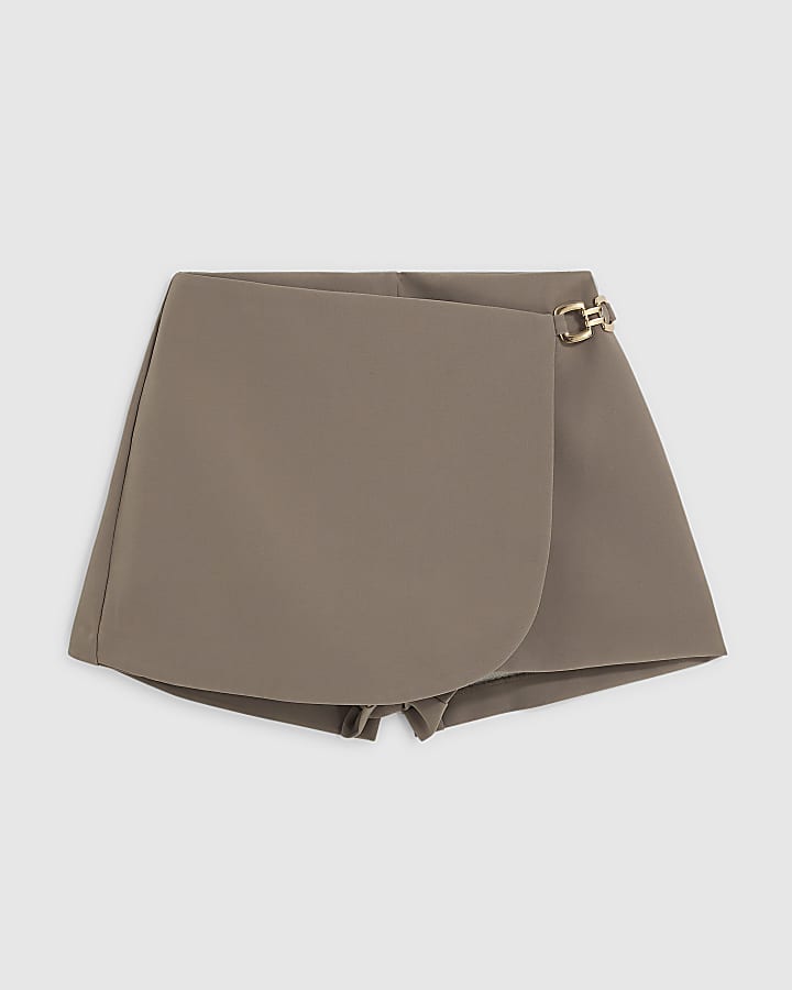 Beige Buckled Wrap Trim Skort