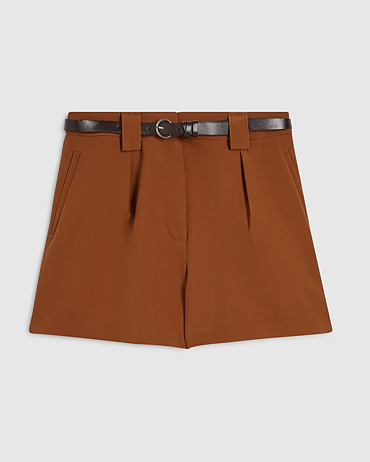 Brown Belted Structured Shorts
