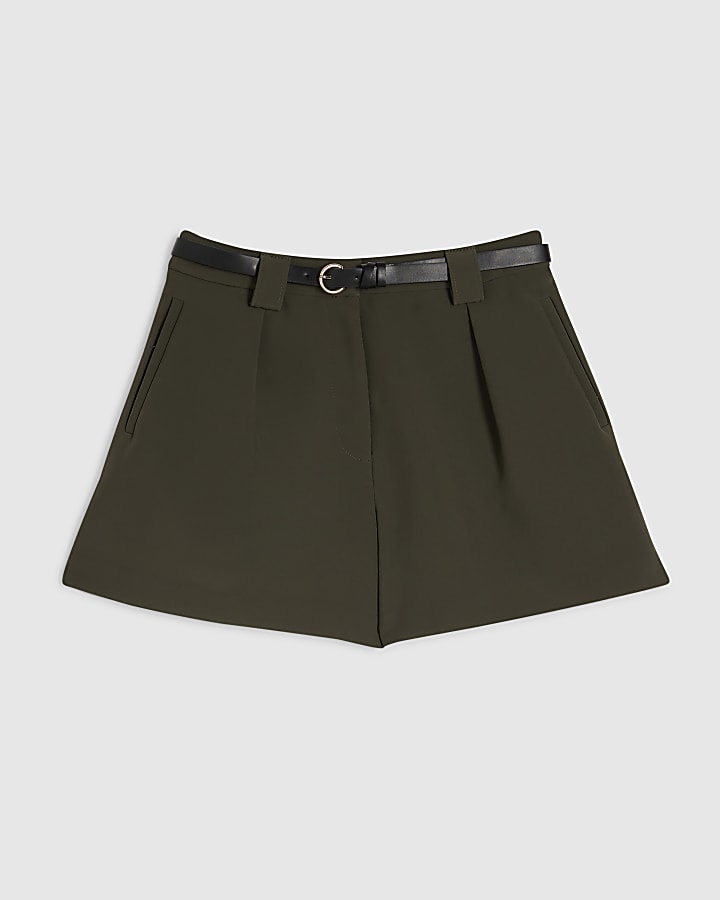 Khaki Belted Structured Shorts