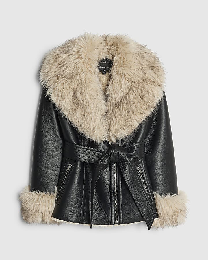 Black Mid Length Belted Shearling Jacket