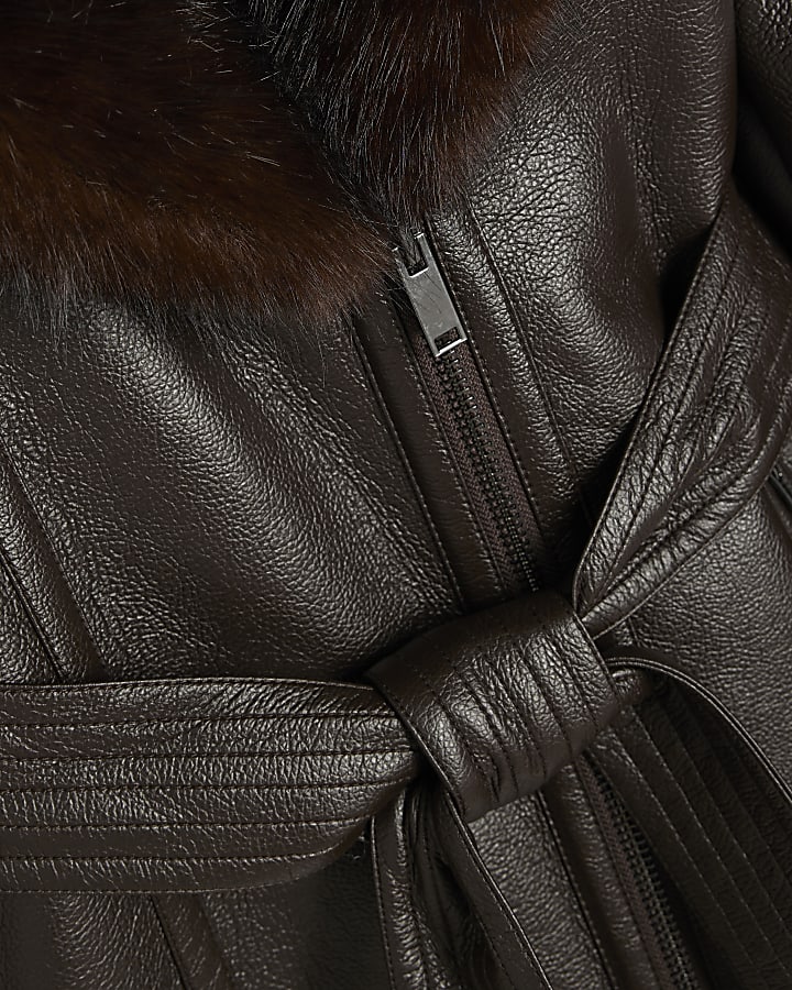 Brown Mid Length Belted Shearling Jacket