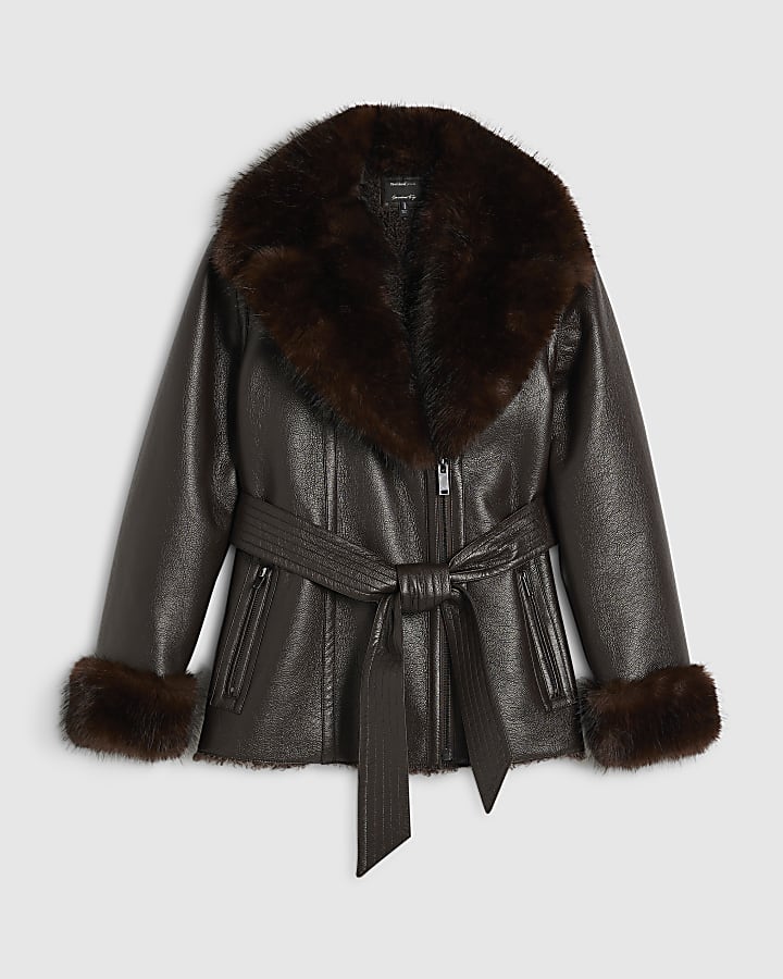 Brown Mid Length Belted Shearling Jacket