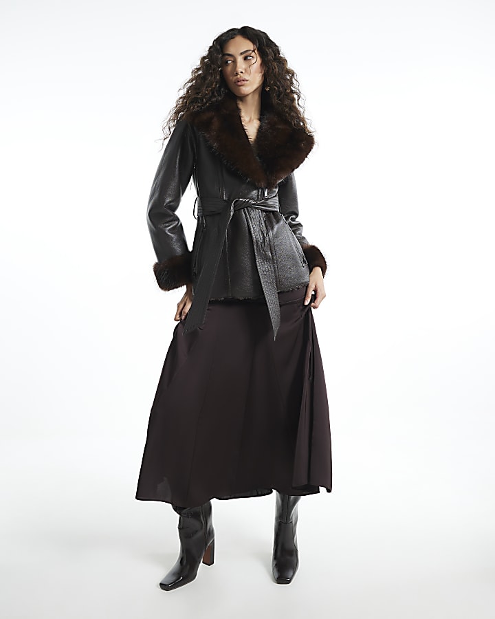 Brown Mid Length Belted Shearling Jacket