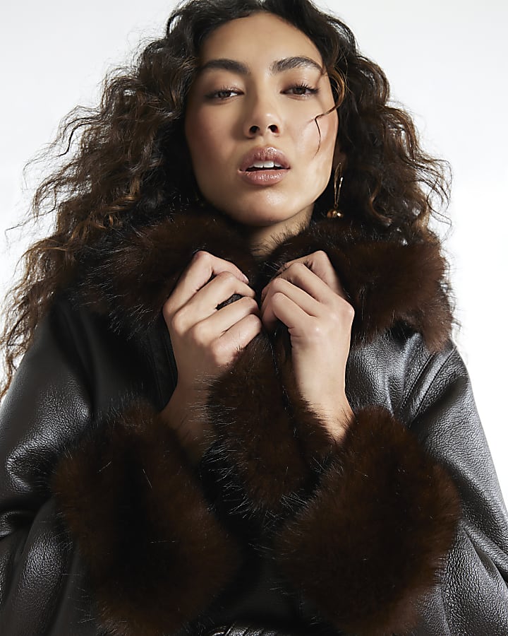 Brown Mid Length Belted Shearling Jacket
