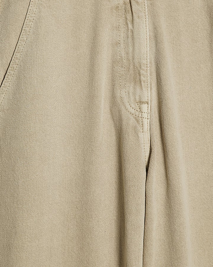 Beige Denim Belted Barrel Leg Jumpsuit