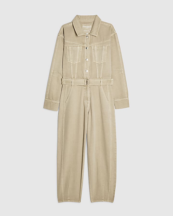 Beige Denim Belted Barrel Leg Jumpsuit