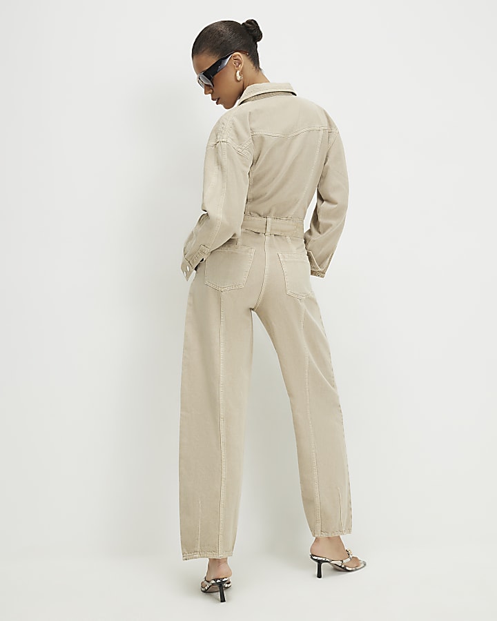 Beige Denim Belted Barrel Leg Jumpsuit