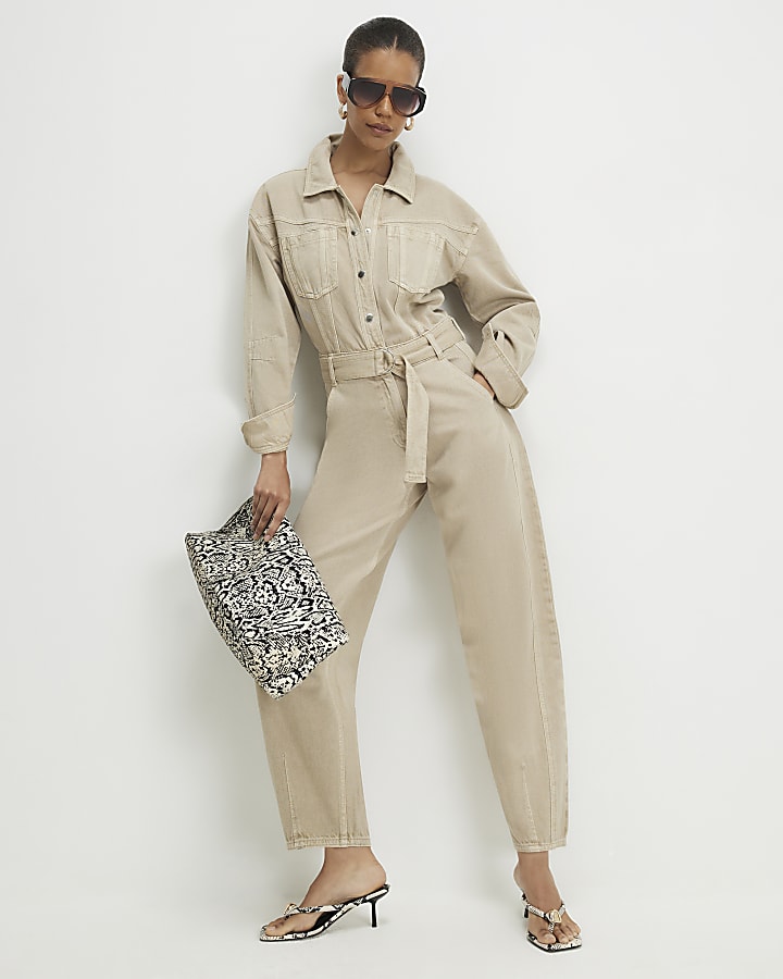 Beige Denim Belted Barrel Leg Jumpsuit