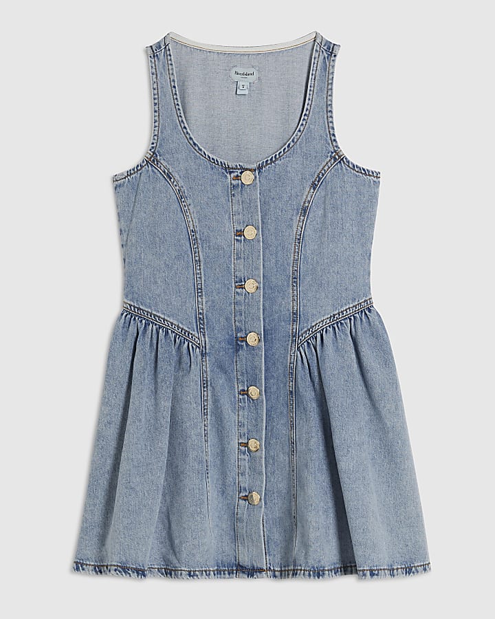 Petite Blue Button Front Denim Mini Dress