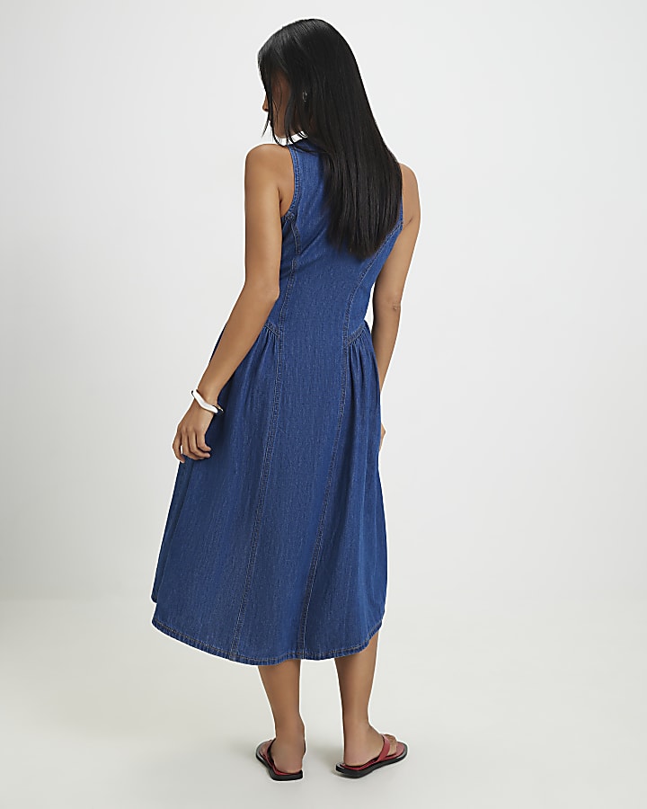 Petite Blue Denim Button Front Midi Dress