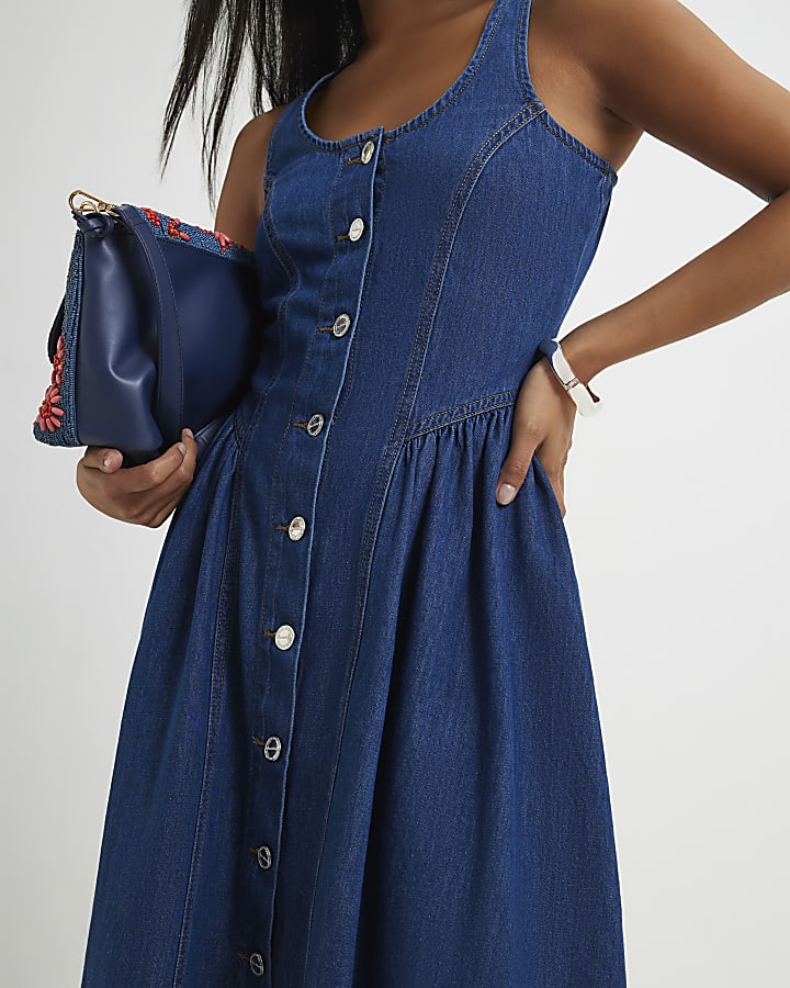 Petite Blue Denim Button Front Midi Dress