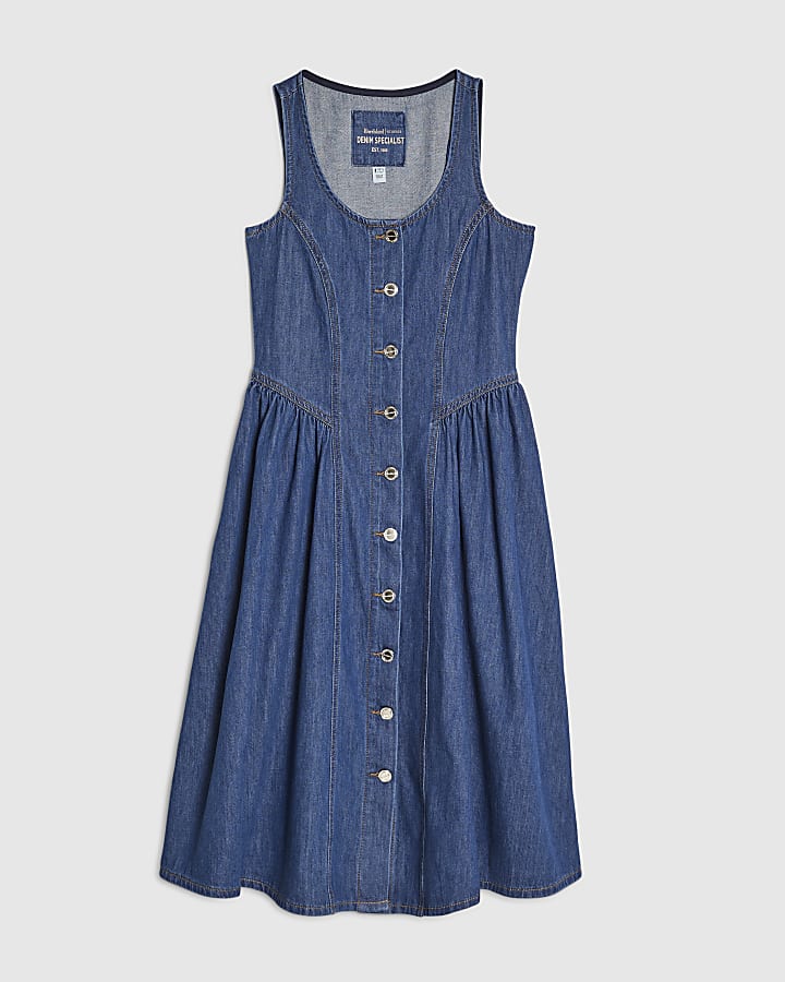 Petite Blue Denim Button Front Midi Dress