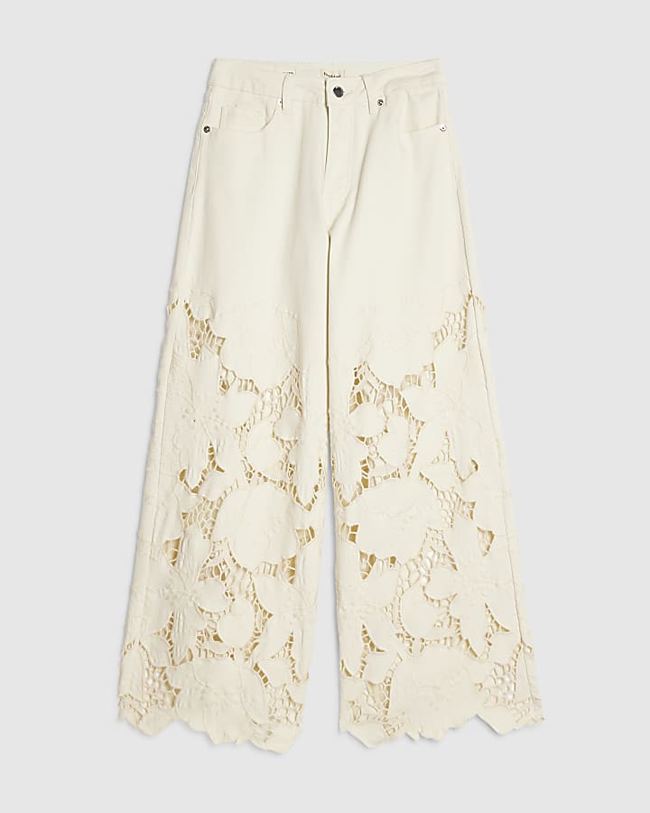 Cream Lace Insert Wide Leg Jeans