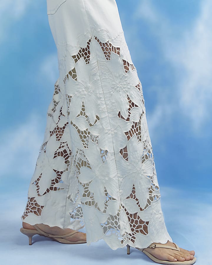 Cream Lace Insert Wide Leg Jeans