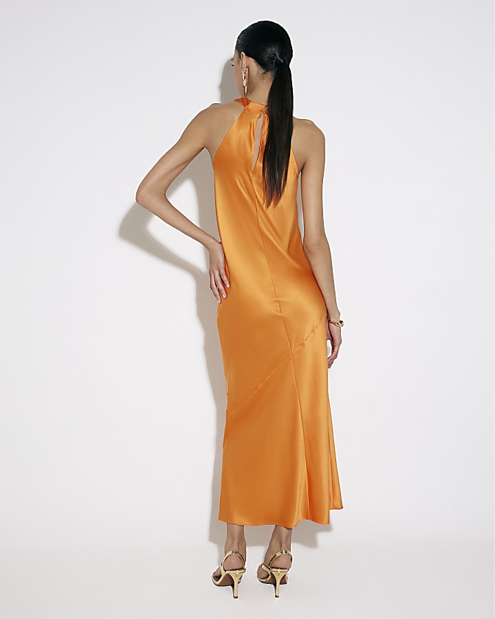 Orange Halter Neck Midi Dress
