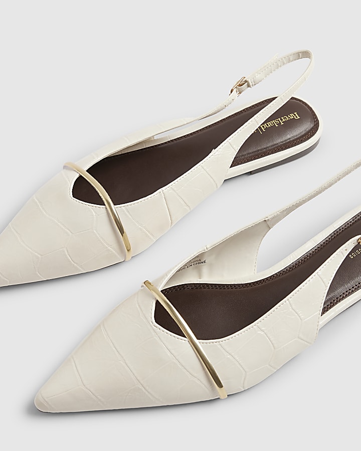 Cream Faux Leather Pointed Sling Back Shoes