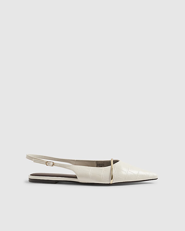 Cream Faux Leather Pointed Sling Back Shoes