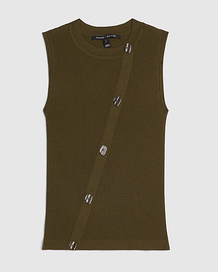 Green Knit Asymmetric Button Vest