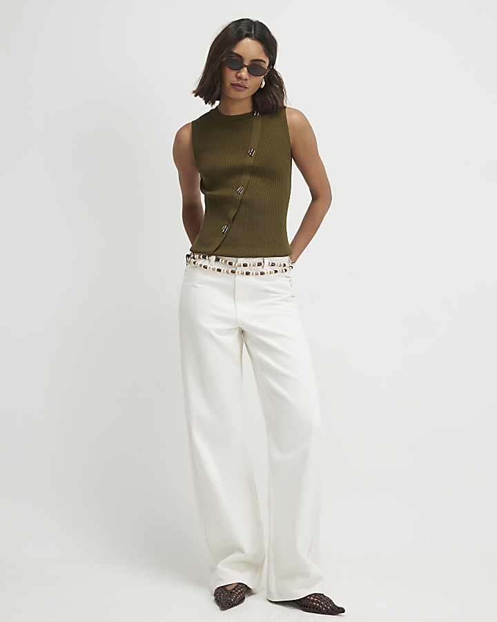 Green Knit Asymmetric Button Vest
