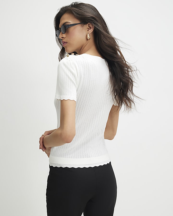Cream Pointelle Knitted T-Shirt