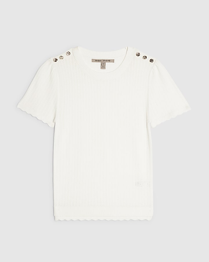 Cream Pointelle Knitted T-Shirt