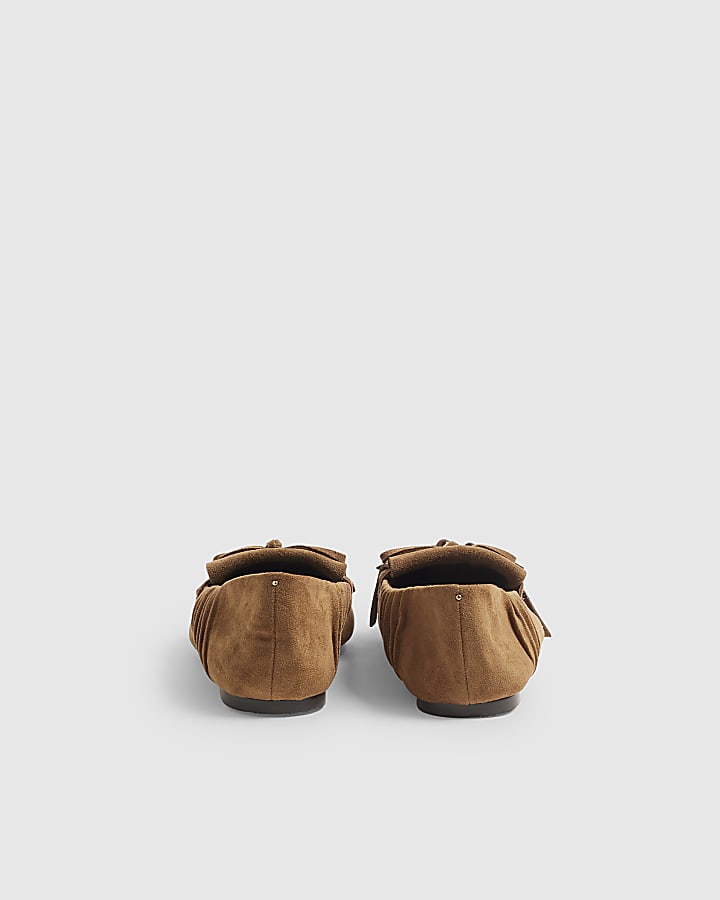 Brown Faux Suede Beaded Fringe Loafers