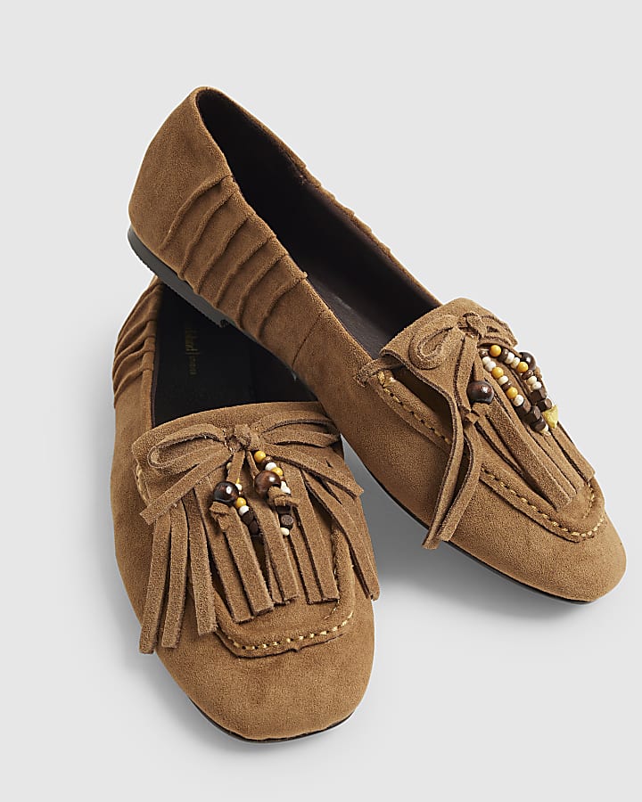 Brown Faux Suede Beaded Fringe Loafers