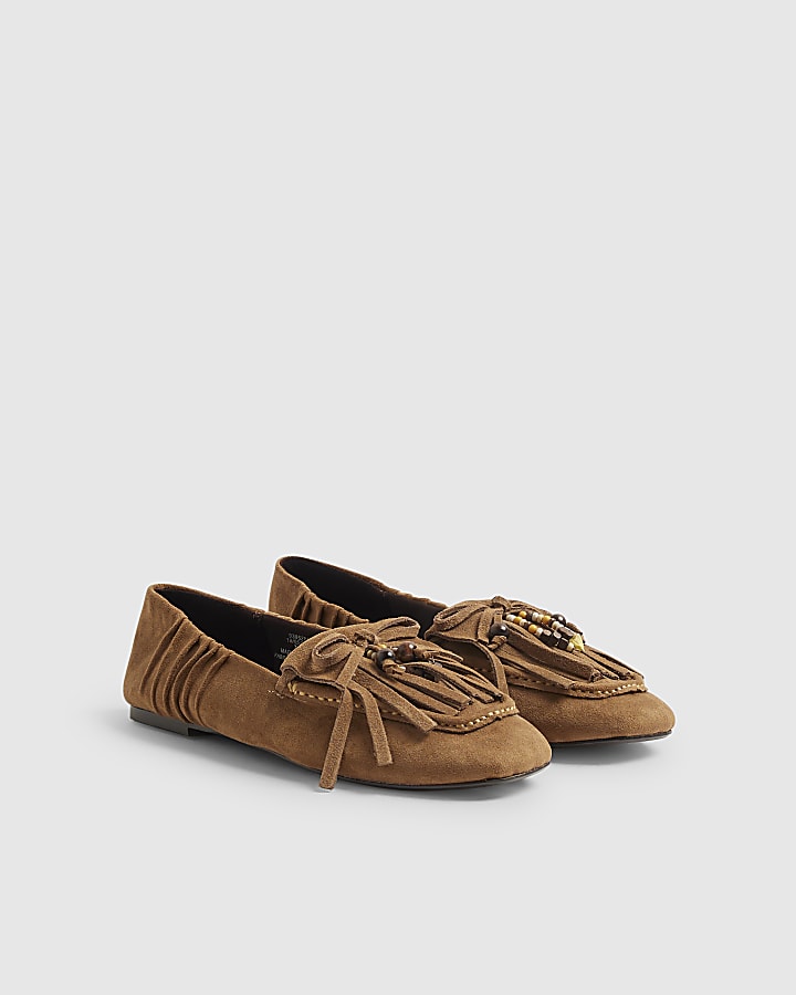 Brown Faux Suede Beaded Fringe Loafers