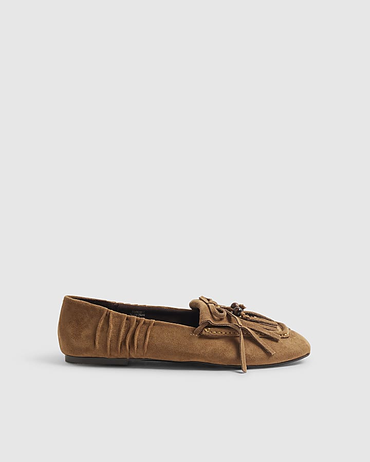 Brown Faux Suede Beaded Fringe Loafers