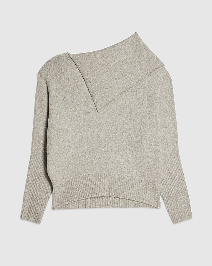 Beige Knitted Fold Neck Jumper