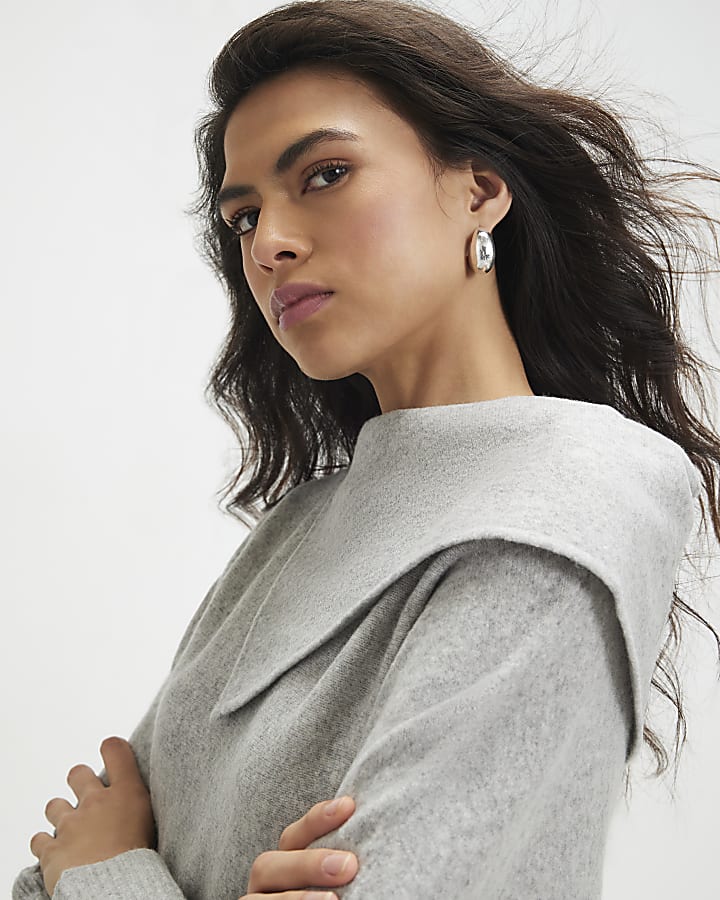 Beige Knitted Fold Neck Jumper