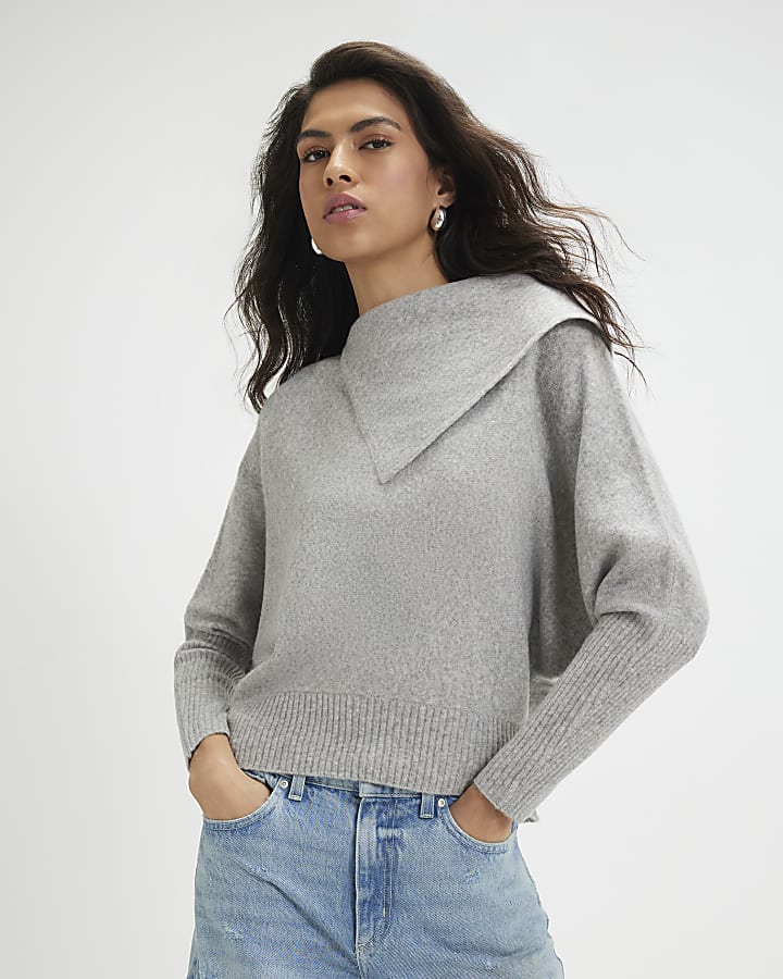 Beige Knitted Fold Neck Jumper