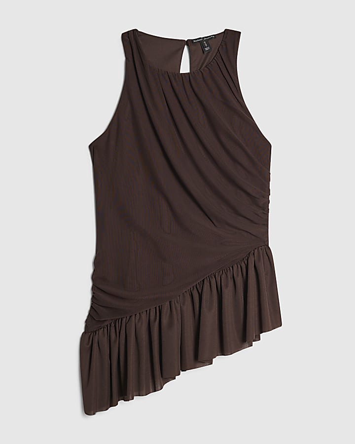 Brown Sleeveless Bubble Hem Top