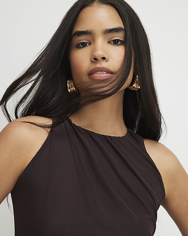 Brown Sleeveless Bubble Hem Top