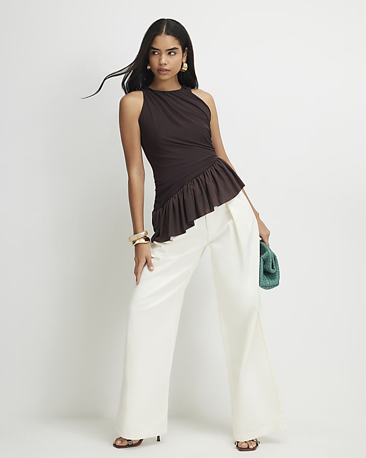 Brown Sleeveless Bubble Hem Top