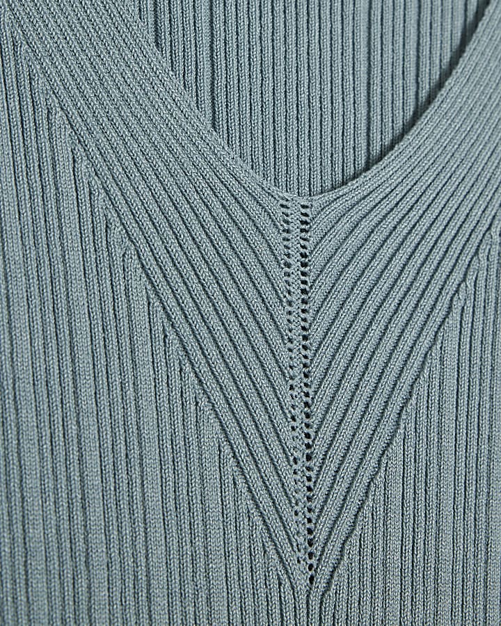 Blue V Neck Rib Knit Top
